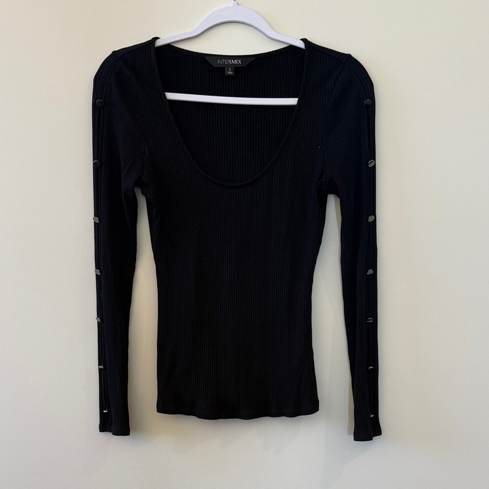 INTERMIX Black Long Sleeve Bodysuit with Button Detail